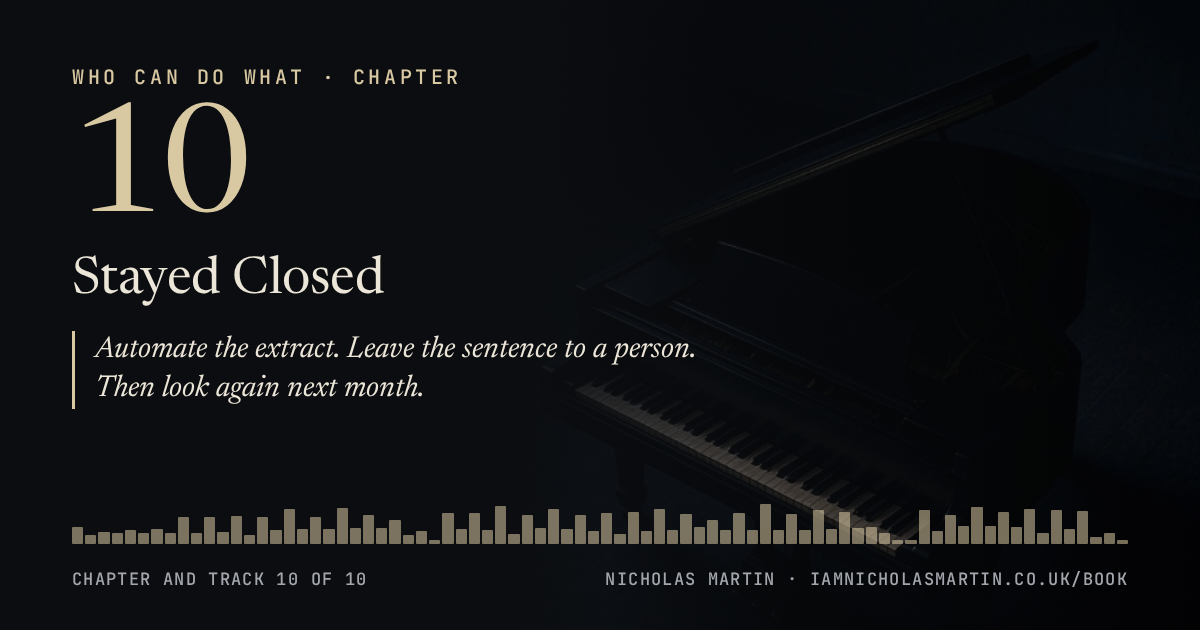 Chapter 10, Stayed Closed: Automate the extract. Leave the sentence to a person. Then look again next month.