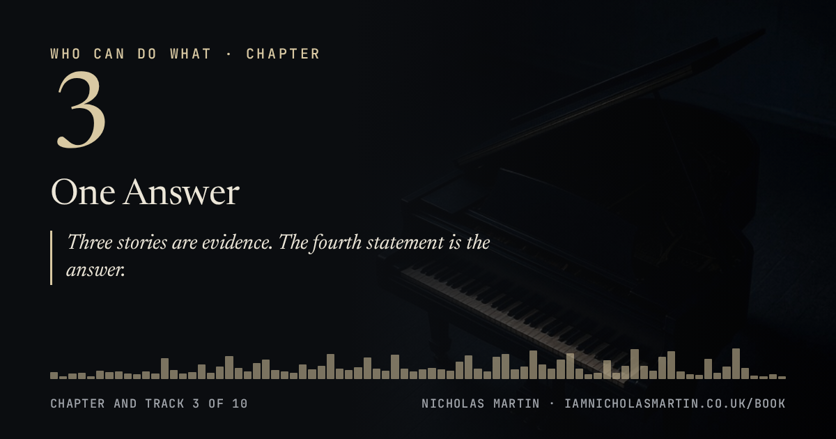 Chapter 3, One Answer: Three stories are evidence. The fourth statement is the answer.