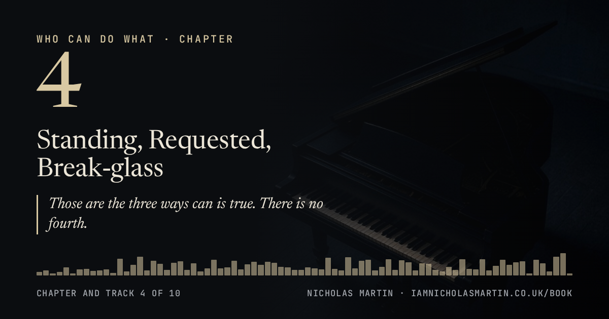 Chapter 4, Standing, Requested, Break-glass: Those are the three ways can is true. There is no fourth.