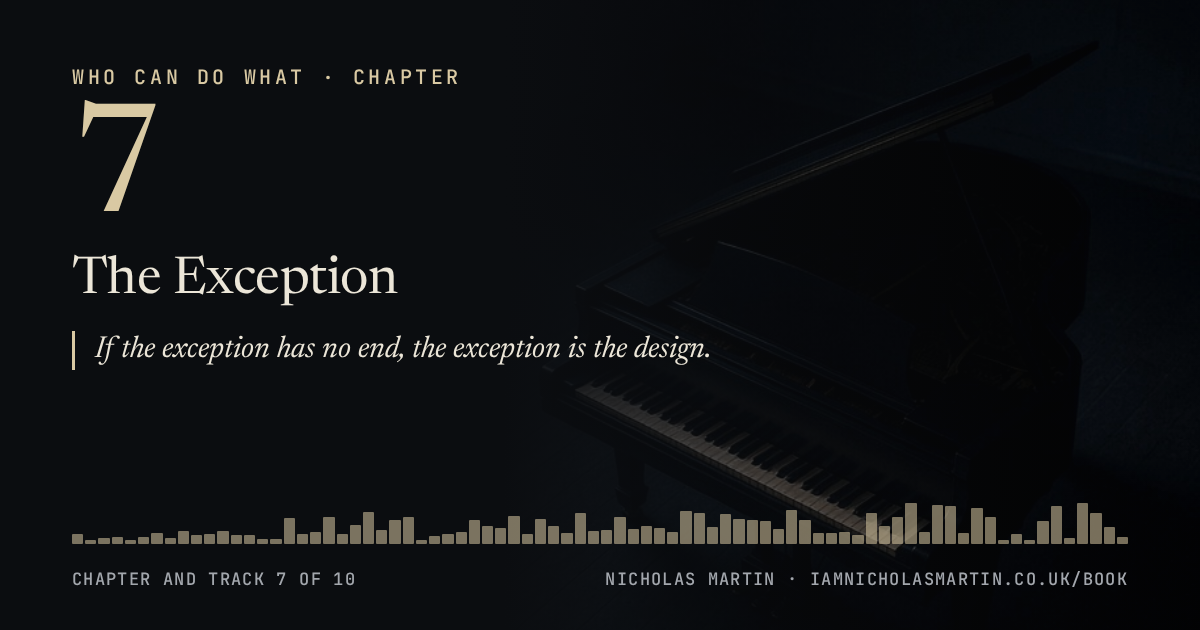 Chapter 7, The Exception: If the exception has no end, the exception is the design.