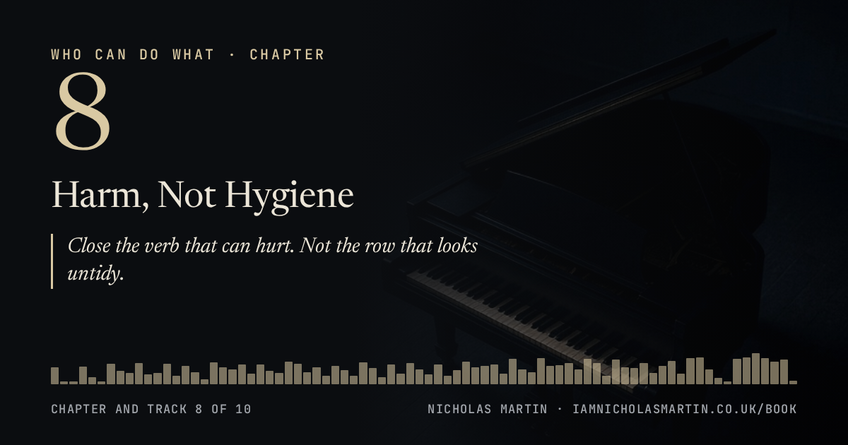 Chapter 8, Harm, Not Hygiene: Close the verb that can hurt. Not the row that looks untidy.