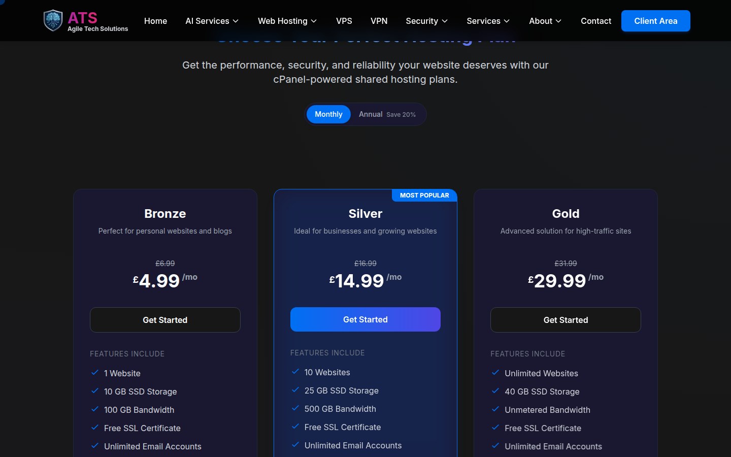 A · Hosting today: cPanel plans on the live site.