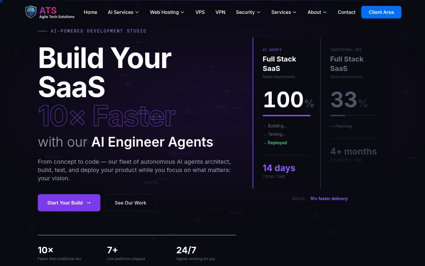 A · The AI SaaS studio: specialised agents that build under human review.