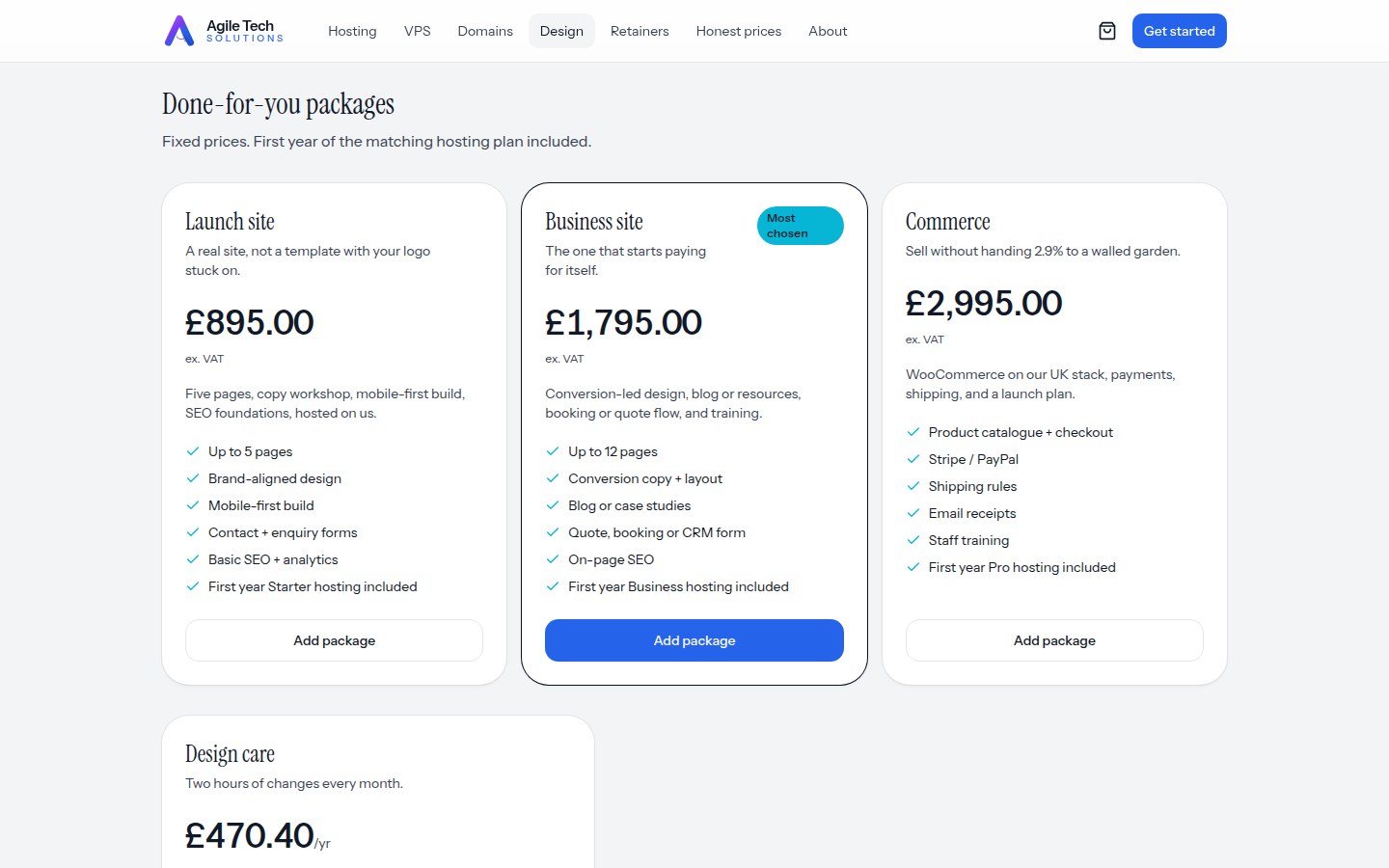 B · v4 design: done-for-you packages with the first year of hosting included.