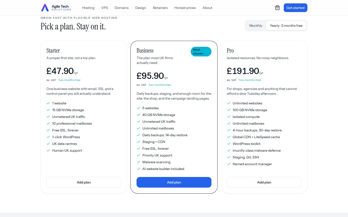 B · v4 hosting: three plans billed yearly, and a promise that the price does not jump.