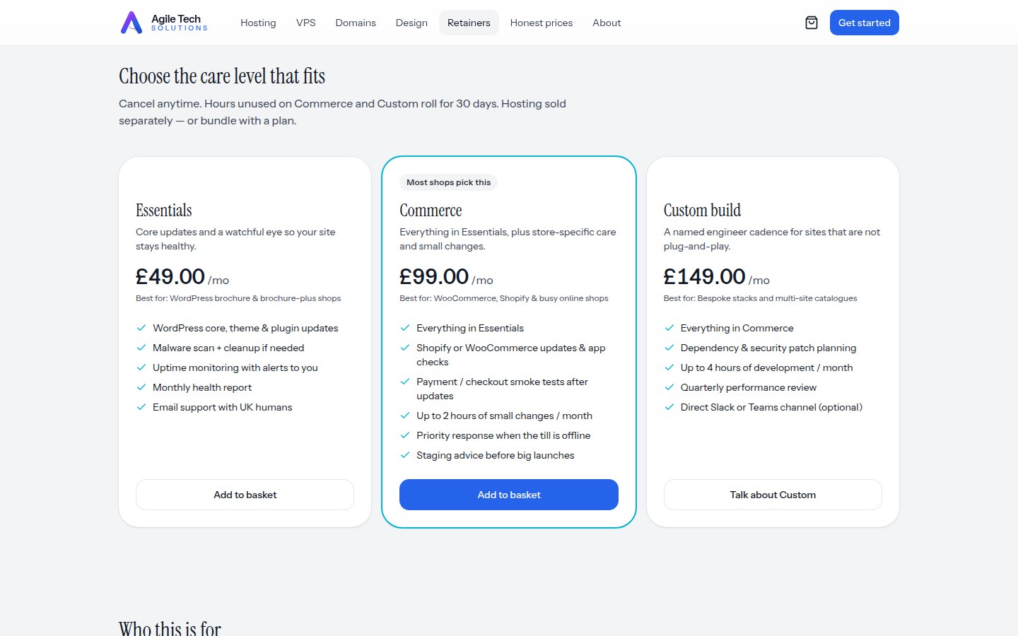 B · v4 monthly care: retainers for WordPress, Shopify and custom shops.