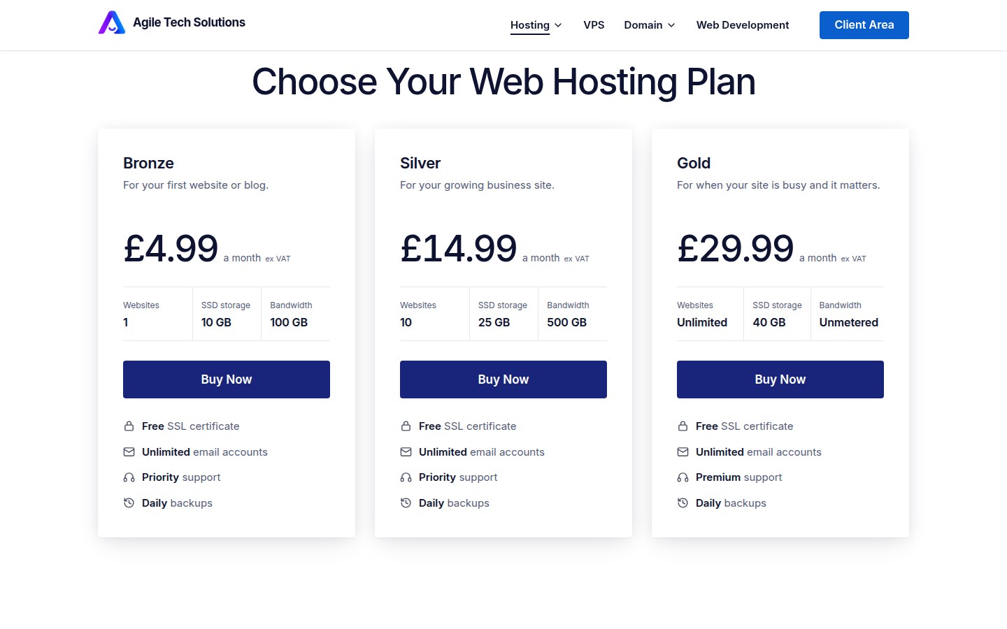 C · v5 hosting: three plans, the price on the page, ex VAT.